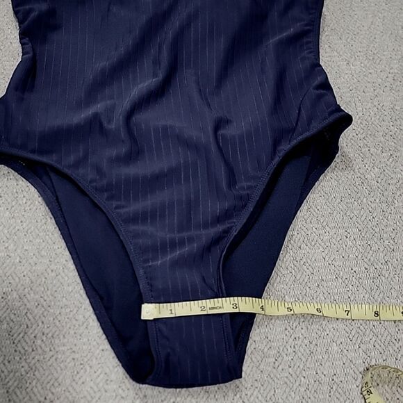 Nine West Solid Navy Blue Ribbed Tie Back One Piece Swimsuit - Size Large - Picture 12 of 15